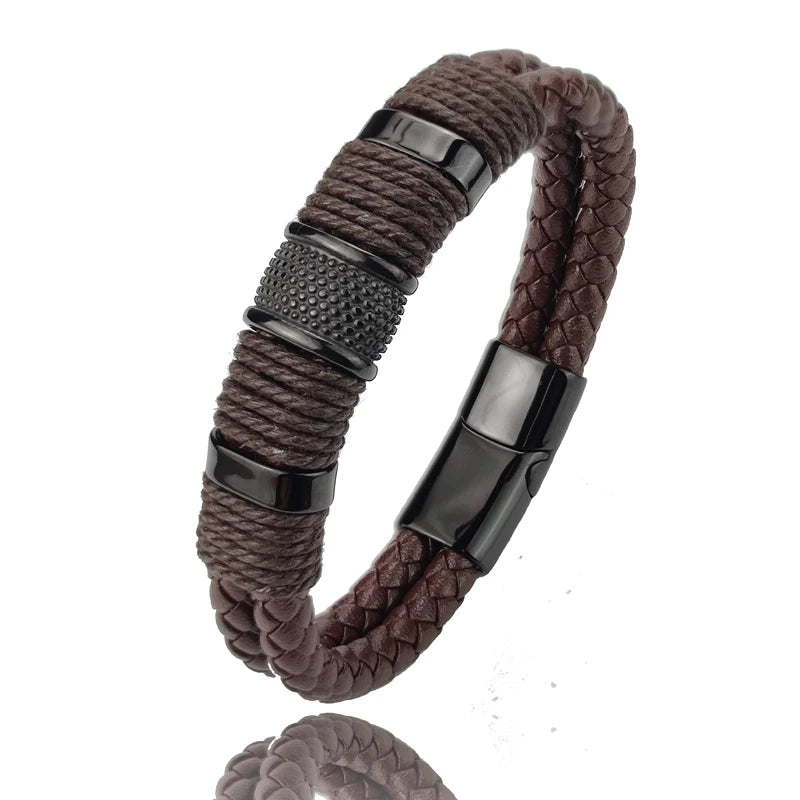 Bracelete Masculino Lewis em Couro Trançado e Aço - Marrom